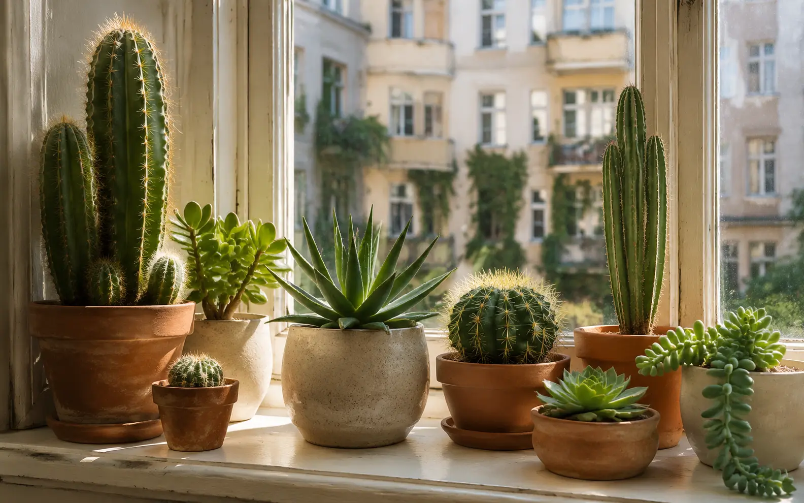 Verschiedene Kakteen auf einer hellen Fensterbank